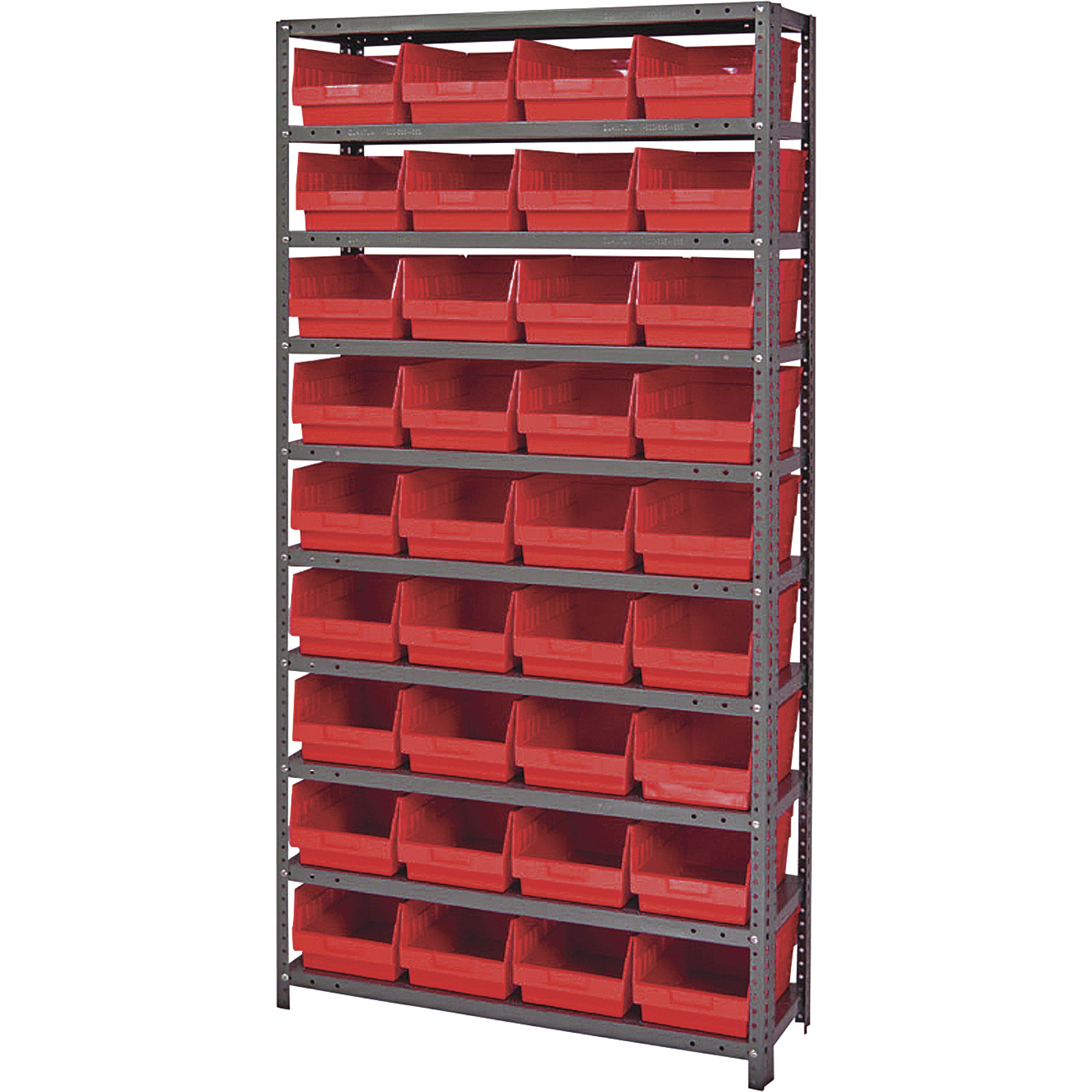 Quantum Storage Metal Shelving Unit with 36 Bins, 36in.W x 12in.D x 75in.H, Red, Model# 1275-207RD